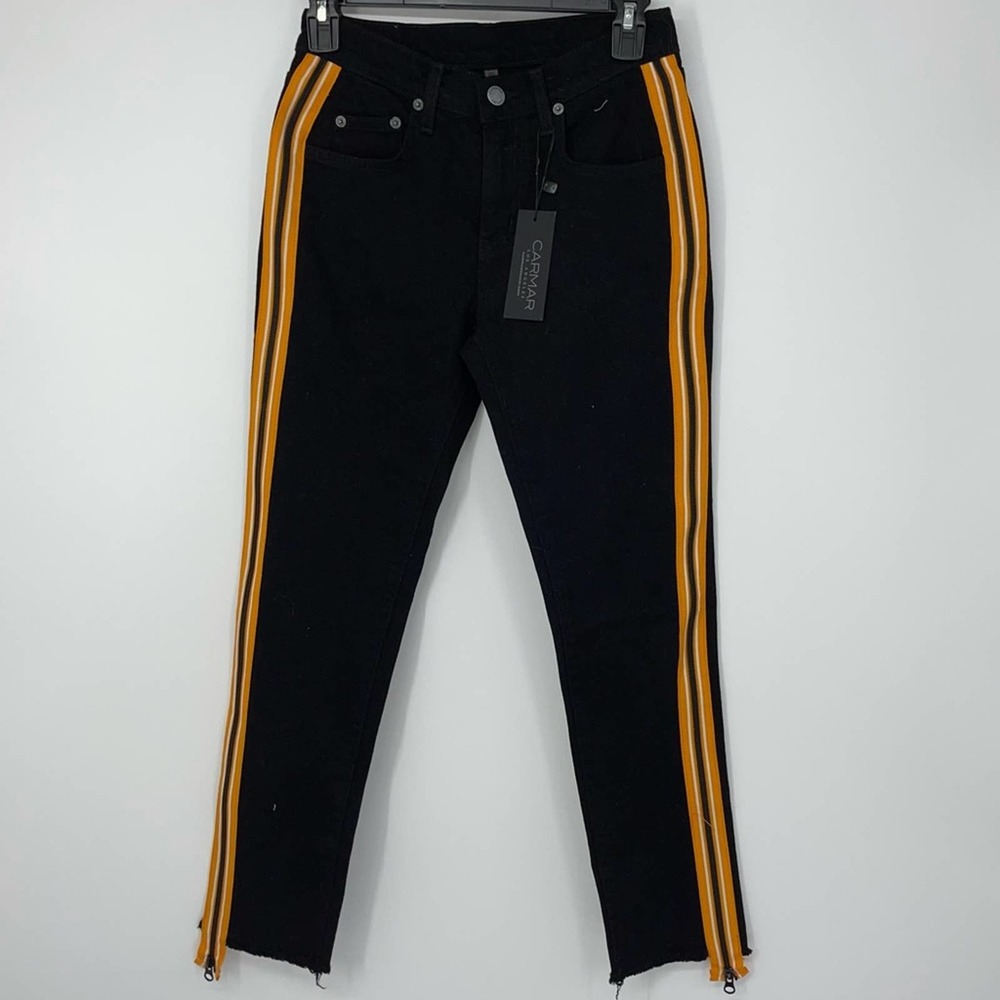 CARMAR MIA BLACK WITH YELLOW STRIPES STRETCH SIDE ZIP CROPPED JEANS SIZE 25